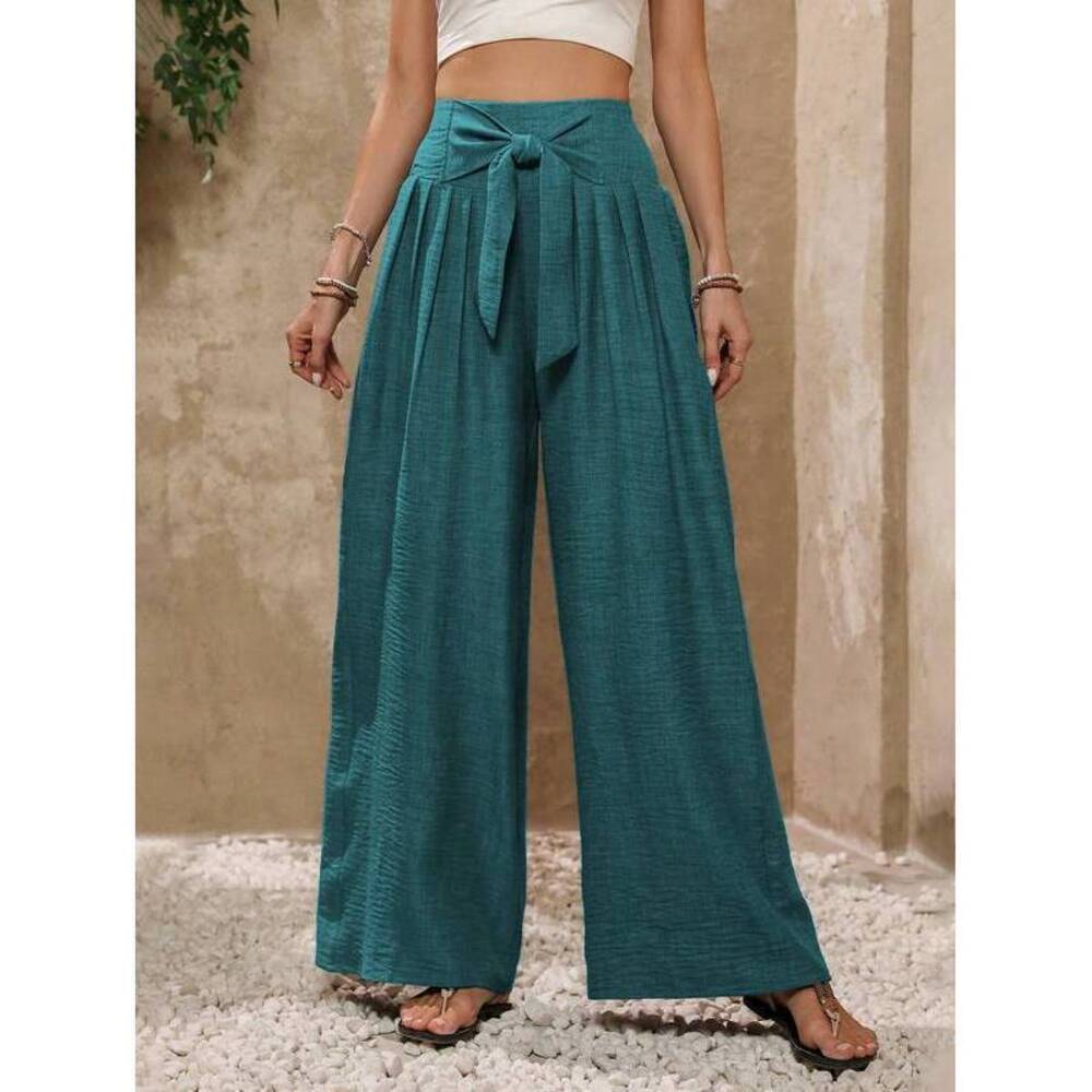 EMERY ROSE Women's Solid Color Vacation Knotted Waist Wide Leg Loose Pants